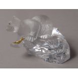 A CONTEMPORARY FABERGÉ FROSTED GLASS PAPERWEIGHT in the form of a bear catching a gilt fish,