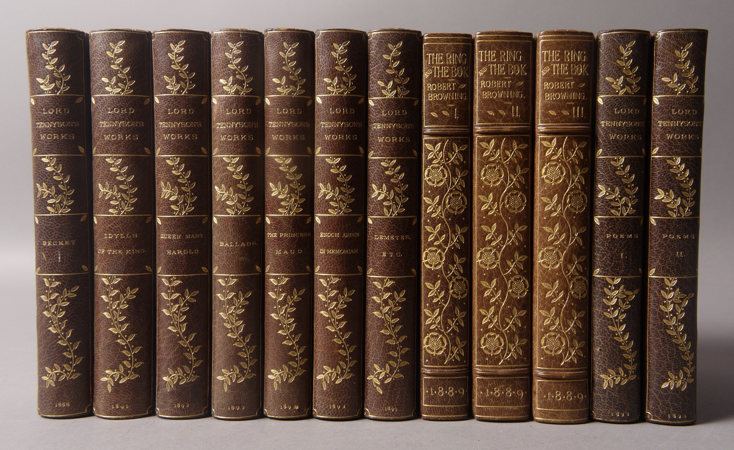 TENNYSON, 9 vol, published by Macmillan 1891, in part leather tooled bindings; Browning, 3 vol,