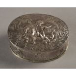 A CONTINENTAL OVAL SILVER PIN BOX AND COVER chased with naked cherubs riding mythical sea creatures,