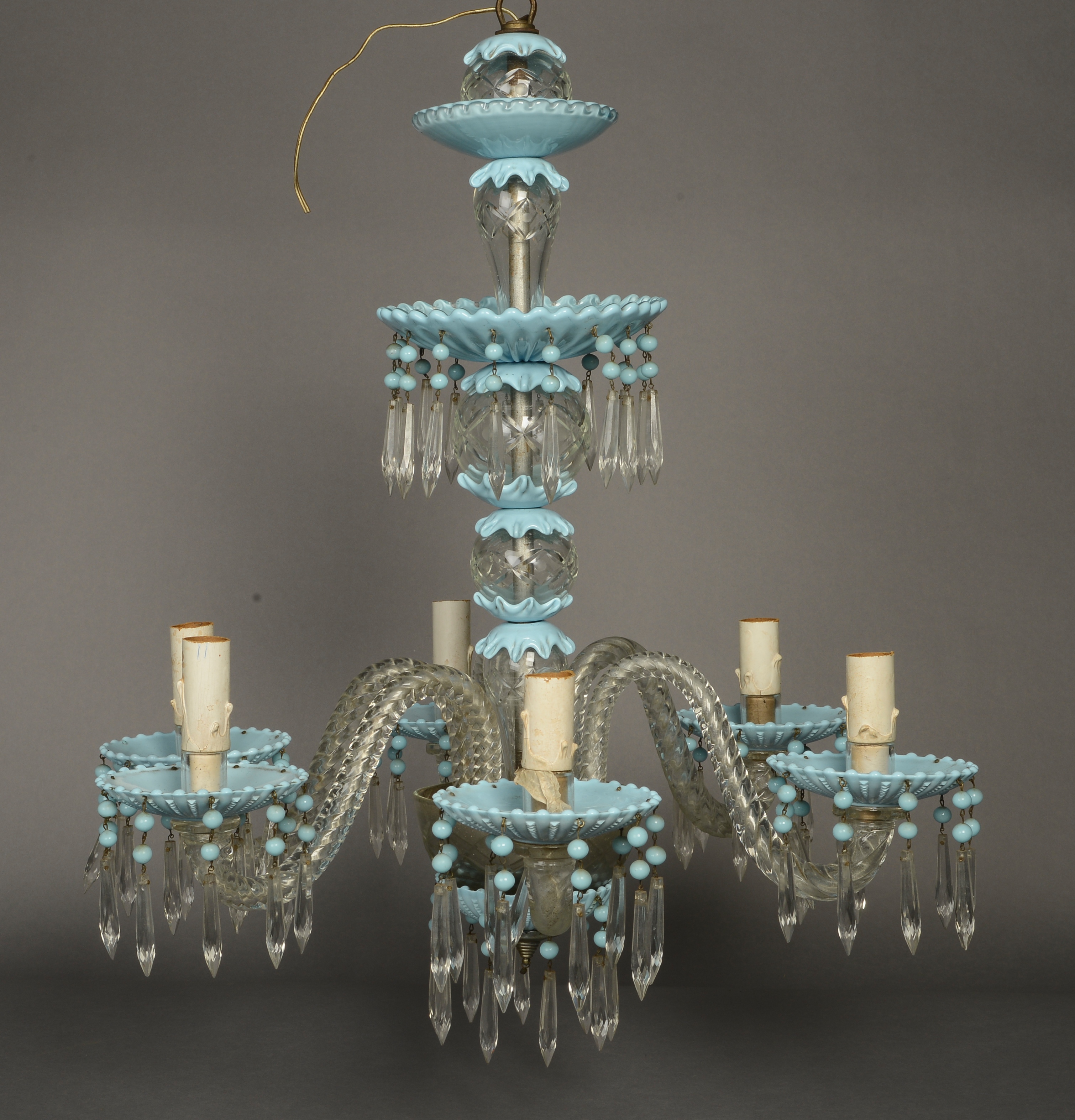 A CONTINENTAL PALE BLUE AND CLEAR GLASS SIX LIGHT CHANDELIER, 20th century,