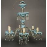 A CONTINENTAL PALE BLUE AND CLEAR GLASS SIX LIGHT CHANDELIER, 20th century,