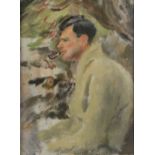 ARR MONICA RAWLINS (1903-1990), 'Fishing', half portrait of a dark haired man,