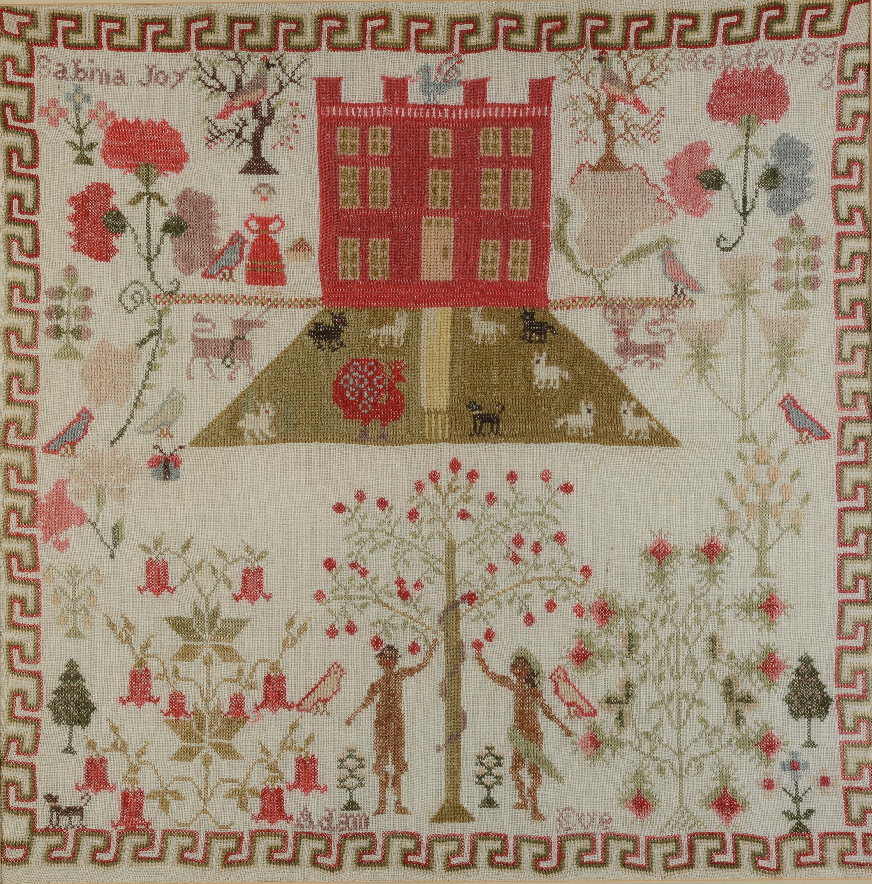 A 19th CENTURY ADAM AND EVE SAMPLER the work of Sabina Joy Hebden in 1846 worked in red,