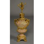 A HEAVY ROUGE MARBLE AND GILT BRONZE LAMP BASE of campana form,