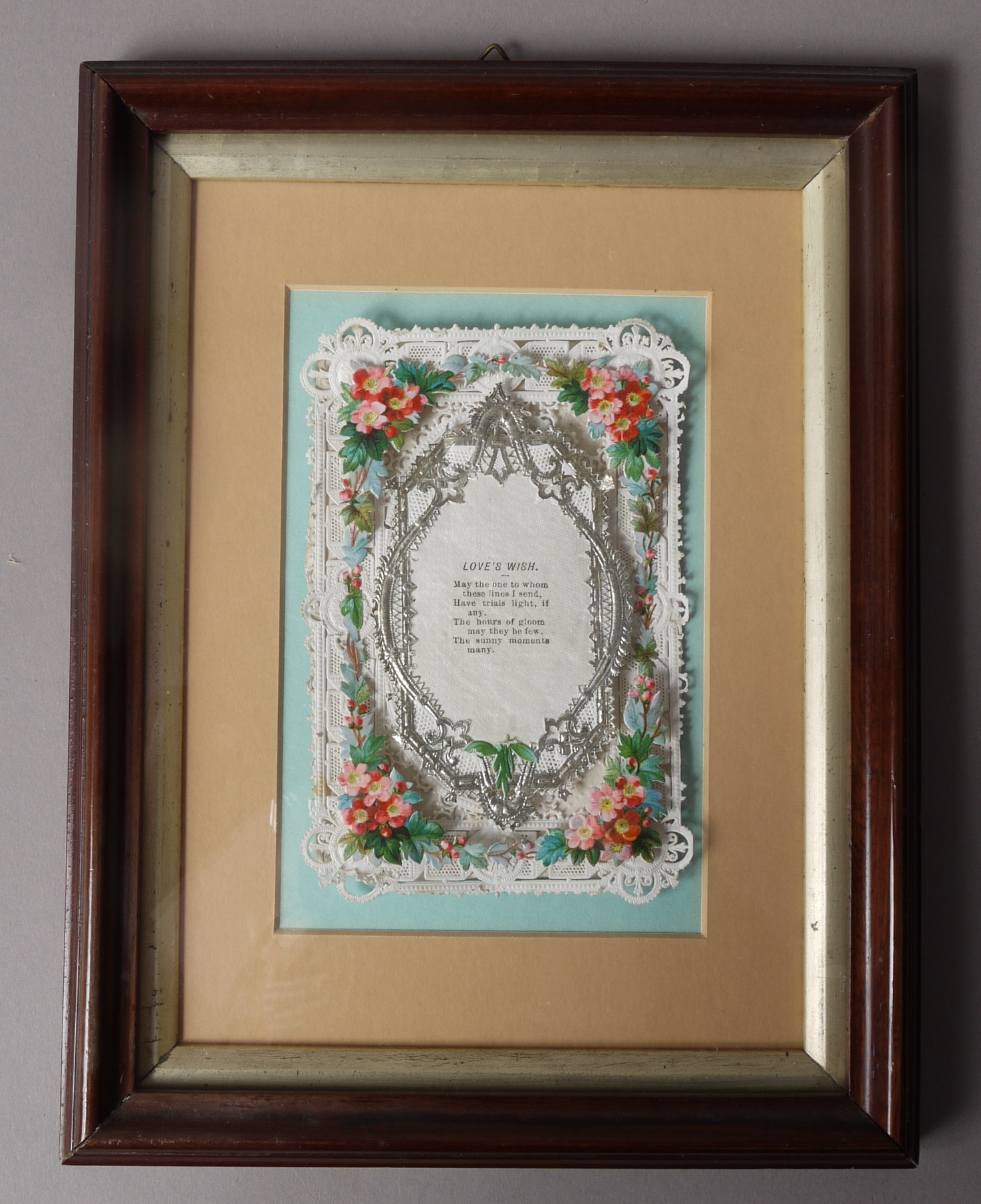 A LATE VICTORIAN GREETINGS CARD 'Loves Wish' with verse within lithographed floral and cut paper - Image 3 of 5