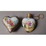 A LATE 19TH CENTURY CONTINENTAL PORCELAIN HEART SHAPED PERFUME BOTTLE painted with a design after
