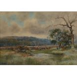 HENRY CHARLES FOX (1860-1929), Meadow with cattle grazing and figure beneath trees, watercolour,