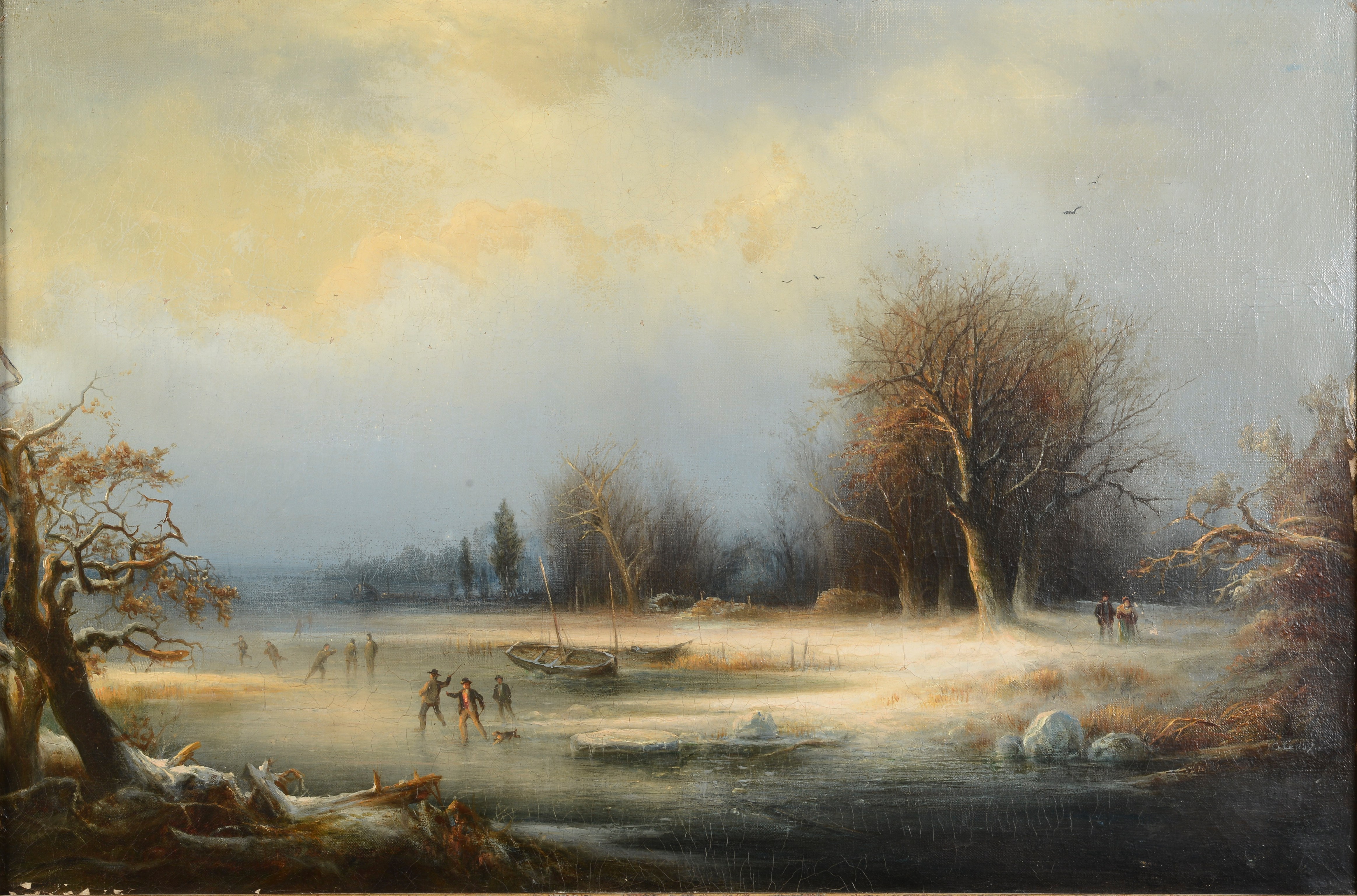 G* LEROY (19th century), Winter landscape with figures skating on a frozen lake, oil on canvas,