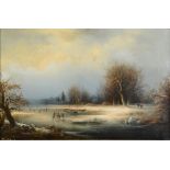 G* LEROY (19th century), Winter landscape with figures skating on a frozen lake, oil on canvas,