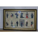 An Interesting Japanese Water Colour Costume Study Of Twelve Different Figures, Possibly Depicting