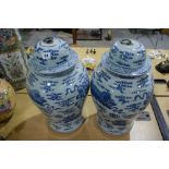 An Impressive Pair Of Large Circular Based Blue And White Oriental Vases And Covers With Ring Handle