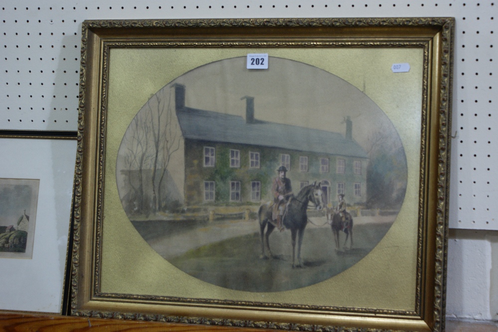 A Coloured Photographic Image Of A Farmhouse With Horse And Riders To The Foreground