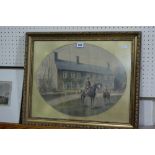 A Coloured Photographic Image Of A Farmhouse With Horse And Riders To The Foreground