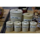 A Set Of Six Stoneware Kitchen Storage Jars Including Loaf Sugar And Oatmeal