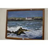 Owen Meilir, Oil On Board, View Of Rough Seas At St Cwyfan's, Anglesey, Signed