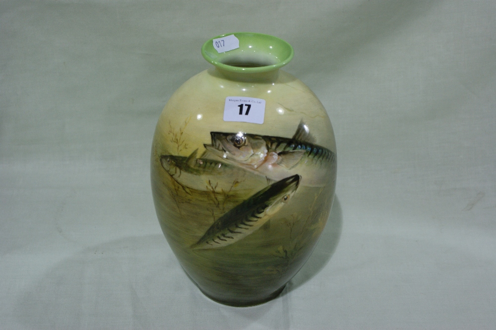 A Royal Doulton Flambe Ware Circular Based Vase Painted With Fish Amongst Reeds, Signed A Eaton, 9