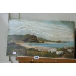 Victorian School, Oil On Canvas, Welsh Coastal View With Sheep To The Foreground, Initialled L.J. (