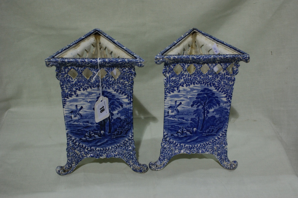 A Pair Of Triangular Form J Kent Olde Foley Ware Pottery Blue And White Transfer Decorated Vases,