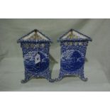 A Pair Of Triangular Form J Kent Olde Foley Ware Pottery Blue And White Transfer Decorated Vases,