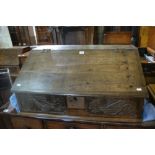 An Antique Oak Table Top Desk The Sloping Lid Revealing An Interior With Single Drawer And Pigeon