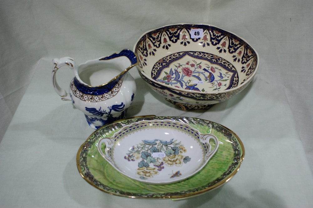 An Arthur Wood Green Lustre Glazed Serving Dish Together With A Real Old Willow Pattern Milk Jug