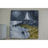 Wyn Hughes, Oil On Canvas, Moonlit Study Of Llandwyn Light House, Signed, 24" X 24"