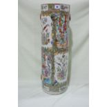 A Cylindrical Famille Rose Stick Stand With Figural And Bird And Blossom Decorated Panels, 25"