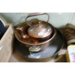 An Antique Copper Kettle Together With A Copper Pan Etc