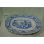 A 19th Century Blue And White Transfer Decorated Dished Meat Plate Decorated In The Lake Pattern 19"