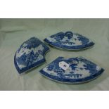 Three 19th Century Fan Shaped Serving Dishes And Covers With Blue And White Transfer Decoration,