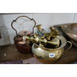 An Antique Copper Kettle Together With Further Brass Ware