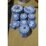 Nine Wedgwood Blue Jasper Ware Lidded Jars