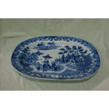 A 19th Century Blue And White Transfer Decorated Meat Plate, Lady With Parasol And Attendants, 19"