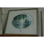 An Oval Format Coloured River And Landscape Print, Signed And Titled In French
