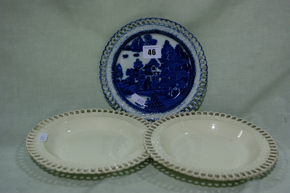 A 19th Century Staffordshire Pottery Blue And White Transfer Decorated Pierced Plate Together With