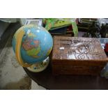 A Contemporary Table Globe Together With A Carved Oriental Decorated Box