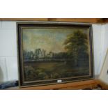 19th Century School Oil On Canvas, Study Of A Stately Home With Parkland To The Foreground