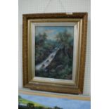 Edwardian School Oil On Card, Wooded Mountain River View