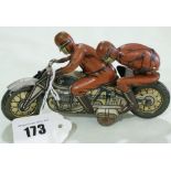 A CKO Kellermann Clockwork Tin Motorcycle Toy With Duo Driver/Rider Made In U.S. Zone Germany