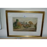 Harrison R.C.A. Water Colour Study, Village Street View With Horse And Rider Outside A Tavern,