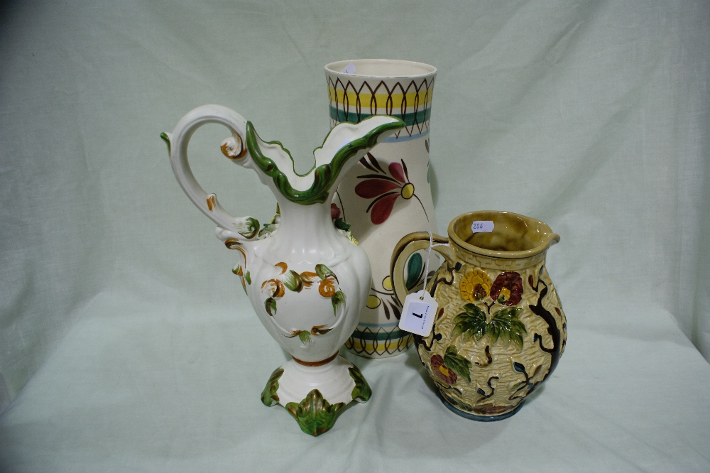 A H J Wood Indian Tree Pattern Moulded Milk Jug Together With Two Vases