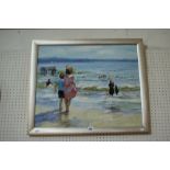 20th Century School Oil On Board, Beach Scene With Children And Figures