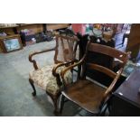 A Bergere Backed Elbow Chair Together With An Antique Farmhouse Elbow Chair