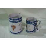 Two 18th Century Porcelain Blue And White Tankards With Painted Floral And Urn Decoration (Both AF)