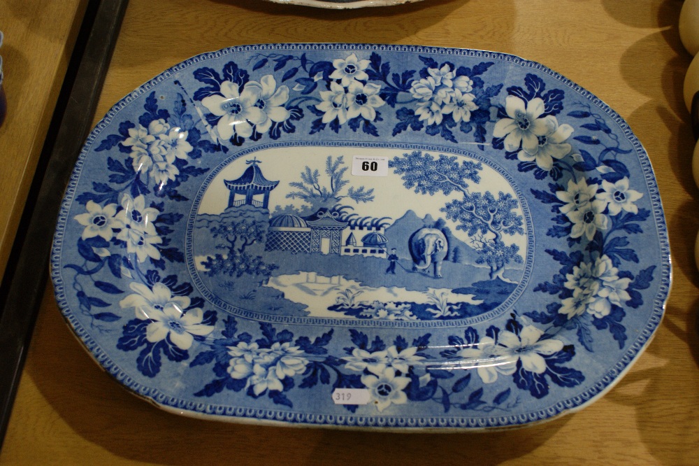 A 19th Century Rogers Blue And White Transfer Decorated Meat Plate Decorated In The "Elephant In The