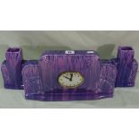 A Purple Drip Glazed Art Deco Period Pottery Garniture Set Of Clock And Pair Of Side Vases