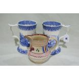 A Pair Of 19th Century Staffordshire Pottery Blue And White Transfer Decorated Tankards (AF)