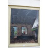 European School Oil On Canvas, Interior Cottage View, Signed