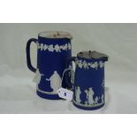 Two Blue Wedgwood And Adams Jasper Ware Hot Water Jugs