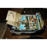 A Box Of Mixed Postcards And British Coinage And Stamps